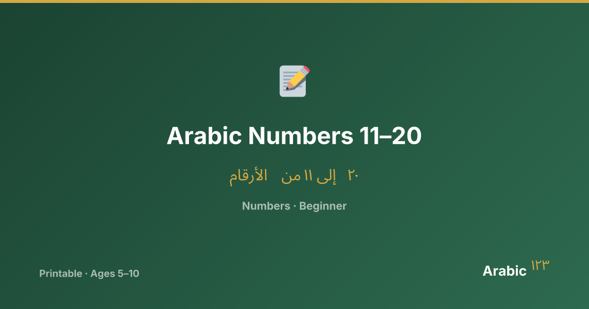 Arabic Numbers 11–20 — Printable Arabic Worksheet | Arabic123